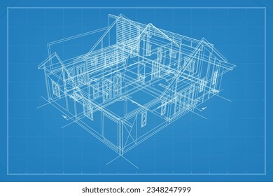 3D render of building wireframe structure. Perspective wireframe of house exterior. Abstract construction graphic idea. Vector illustration.