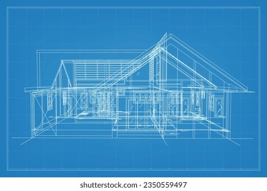 3D render of building wireframe structure. Perspective wireframe of house exterior. Abstract construction graphic idea. Vector illustration.