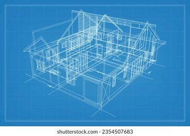 3D render of building wireframe structure. Perspective wireframe of house exterior. Abstract construction graphic idea. Vector illustration.