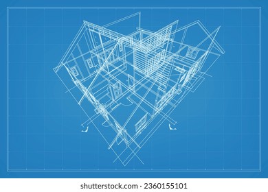 3D render of building wireframe structure. Perspective wireframe of house exterior. Abstract construction graphic idea. Vector illustration.