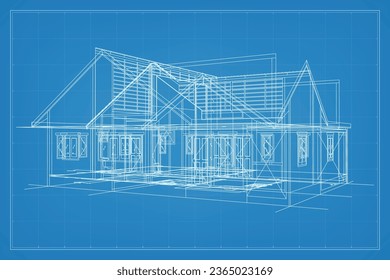 3D render of building wireframe structure. Perspective wireframe of house exterior. Abstract construction graphic idea. Vector illustration.