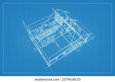 3D render of building wireframe structure. Perspective wireframe of house exterior. Abstract construction graphic idea. Vector illustration.