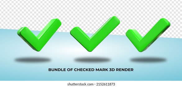 3D render bundle of check mark symbol icon,  png green color, approve icon