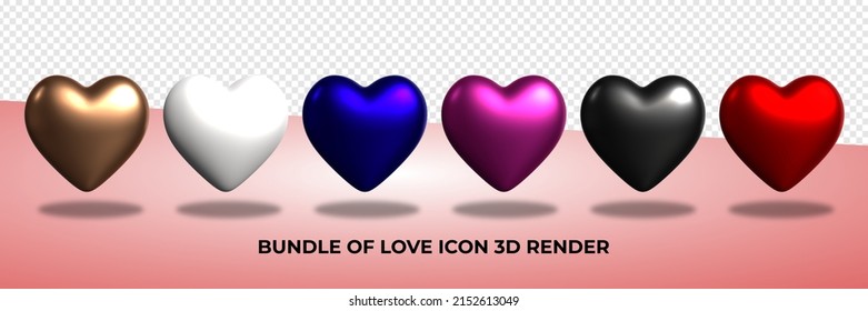 3D Render Bundle Of Love Icon, Heart Icon, PNG, Transparent, Colors For Valentine Wedding, 