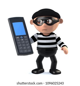 3d render of a burglar character holding a cellphone