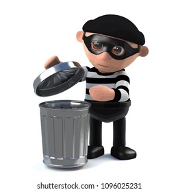 3d render of burglar looking in a waste bin.