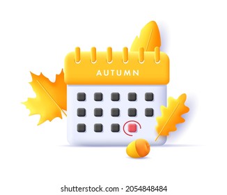 Icono del calendario de representación 3d con hojas de otoño y el último día del mes redondeado, aislado