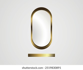 3D Render a capsule shaped mirror with a golden frame and a golden rack for cosmetics in a aesthetic interior