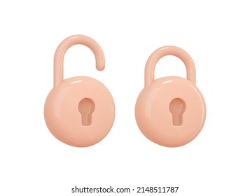 3d render cartoon closed and open padlocks. Set lock icon design element for security concept,wed password, firewall,access. Realistic vector illustration.