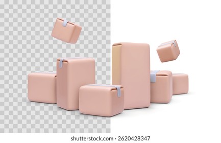 3D Render Of Cartoon Delivery Boxes In Soft Pastel Colors On Transparent And White Background. Minimal Packaging, Logistic, And E-Commerce Concept. Vector Illustration.