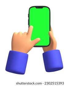 3d representar el dedo de la caricatura hacer clic en el smartphone con pantalla verde y mano sosteniendo una ilustración de un vector de icono aislado por teléfono