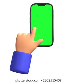 3d representando el dedo de dibujos animados pulse sobre el smartphone con pantalla verde aislado icono ilustración vectorial