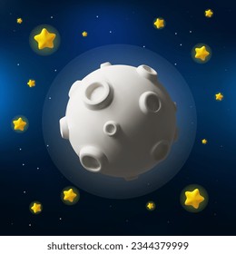 3d render cartoon full moon with crater and glowing moonlight. Star shape objects in night sky. Vector illustration about space in clay style. Astronomy banner.