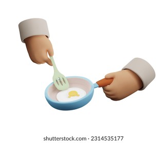 3d render of a cartoon hand holding a frying pan with a fried egg. A hand holds a scapula