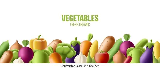 3d render cartoon icons of vegetables, group to the bottom of the canvas, isolated