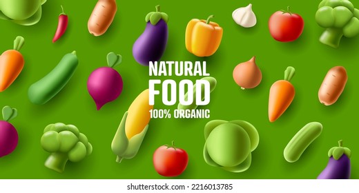 3d render cartoon icons of vegetables, top view on green backdrop