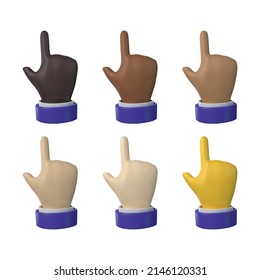 3d render. Cartoon Pointing hand icons with various skin tones in cartoon vector design style.