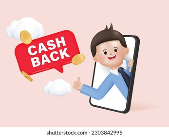 3d presentación del concepto Cash Back, clientes recibiendo recompensas en efectivo y regalos de compras en línea.3d representación diseño vectorial de dibujos animados.