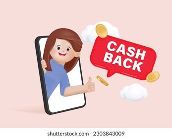 3d render of Cash Back concept, customer people getting cash rewards and gift from online shopping.3d render cartoon vector design.