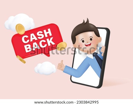 3d render of Cash Back concept, customer people getting cash rewards and gift from online shopping.3d render cartoon vector design.