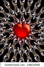 3d render with a central red heart with corked bottles of wine viewed from above arranged in an eye catching pattern of concentric circles around the heart conceptual of love and romance