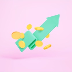 3d Render Chart Arrow And Flying Coins. Green Flexible Stock Arrow Up Growth Icon. Investment And Financial Growth Concept. 3d Render Vector Illustration