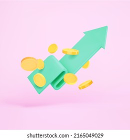 3d render chart arrow and flying coins. Green flexible stock arrow up growth icon. Investment and financial growth concept. 3d render vector illustration - Shutterstock ID 2165049029