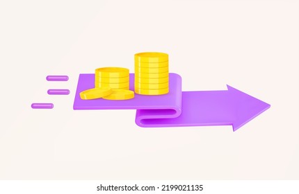 3d render chart moving arrow and stacks of coins . Flexible stock arrow up growth icon. Investment,transfer, and financial growth concept. 3d render vector illustration