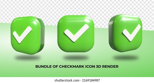 3D render check mark symbol icon green, transparent, PNG