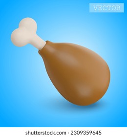 3D Render Of A Chicken Leg With Bone Fast Food. Junk Unhealthy Food. Bright Illustration In Cartoon, Plastic, Clay 3D Style. Isolated On A White Background