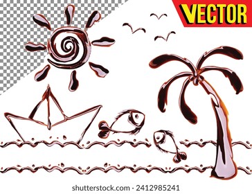 3d forma líquida abstracta de color chocolate. Elemento gráfico del doodle infantil. Flor, ola, pescado, árbol, sol, pájaros, barco, garabato de agua en estilo moderno. Deliciosa salsa de soja, salsa de tomate de ketchup. Vector