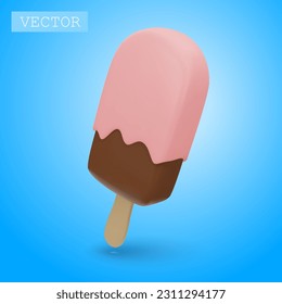 3D render of chocolate popsicle with pink icing and sprinkling. Fast food, sweet, summer dessert. Bright Illustration in cartoon, plastic, clay 3D style. Isolated on a white background.