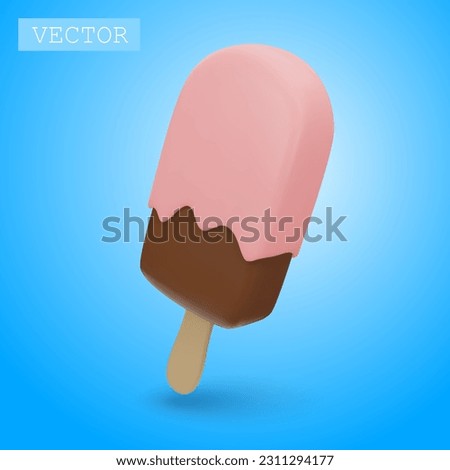 3D render of chocolate popsicle with pink icing and sprinkling. Fast food, sweet, summer dessert. Bright Illustration in cartoon, plastic, clay 3D style. Isolated on a white background.