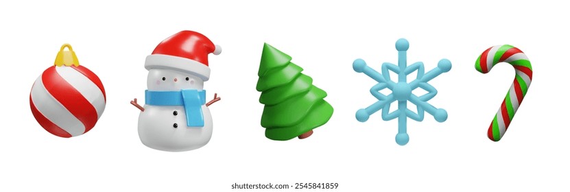 3d render Christmas elements. Vector illustration cute winter set. Ball, snowflake, spruce, candy cane and snowman. Realistic colorful three dimensional decoration for new year holiday season.