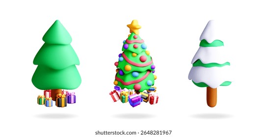 3d render of Christmas tree set. Decorations, gifts, and snow-covered fir for holiday greeting card and web applications.