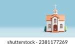 3d render church building icon, white facade with bushes and trees, front view, modern graphic illustration