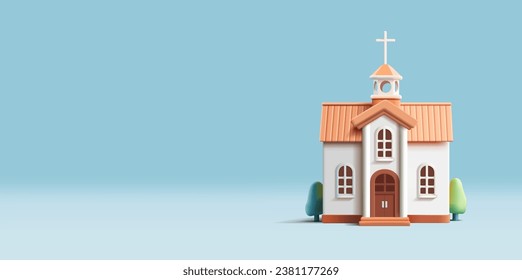 Icono de construcción de iglesia 3d, fachada blanca con arbustos y árboles, vista frontal, ilustración gráfica moderna