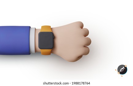 3d render clock on the hand of a businessman in a suit. Smart watch. Hand with clock isolated on background. Vector illustration. svg