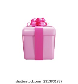 3d render closed gift box front view. Pink ribbon bow isolated on a light background. Birthday, holiday, anniversary, Christmas, Valentine day surprise present. Realistic vector illustration