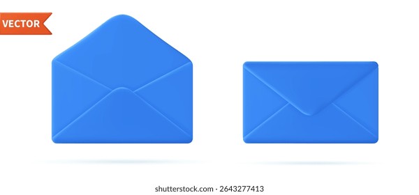3d Render closed and open mail envelope icon isolated on white background. Letter concept. Open envelope and closed envelope. Vector illustration