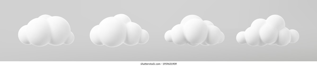 3d render of a clouds set isolated on a grey background. Soft round cartoon fluffy clouds mock up icon. 3d geometric shapes vector illustration