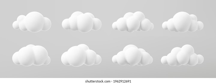 3d рендеринг набора облаков, изолированных на сером фоне. Мягкий круглый мультфильм пушистые облака макет значок. 3d геометрические фигуры векторная иллюстрация
