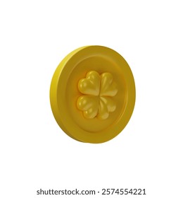 3d render clover coin 5. Symbol of luck. St. Patricks Day three-dimensional vector illustration. Money with shamrock leaf. Irish culture currency of wealth, success and fortune. Casino finance icon