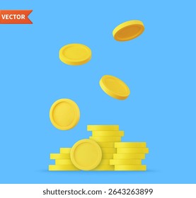 3d render Coins stack with falling coin. coin money stacked icon. golden penny cash pile, treasure heap. business investment profit, money saving concept. Vector illustration