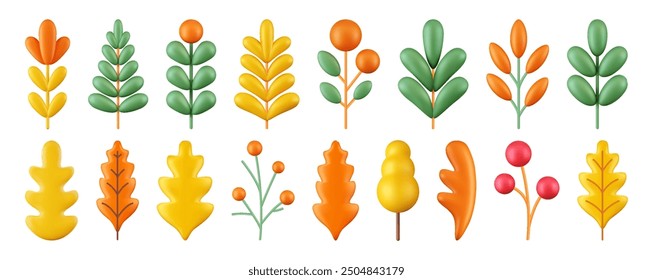  3d render collection of autumn plants and yellow leaves, set of vector flowers on isolated white background, design element, nature icons.