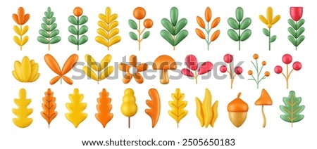  3d render collection of autumn plants and yellow leaves, set of vector flowers on isolated white background, design element, nature icons.