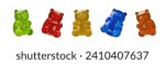 3D render collection of chewy gummy bear. Sweet colorful dessert vector illustration. Gelatin form factor vitamins, chewable supplements, edible health candy. Fruit flavors set of delicious snacks