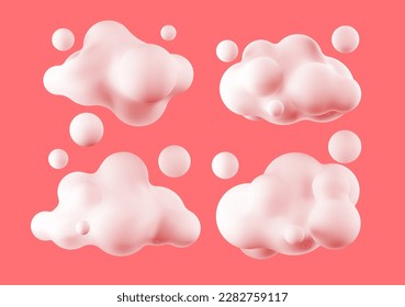 3d render collection of overcast, set of vector pink clouds on isolated white background, design element, nature icons.