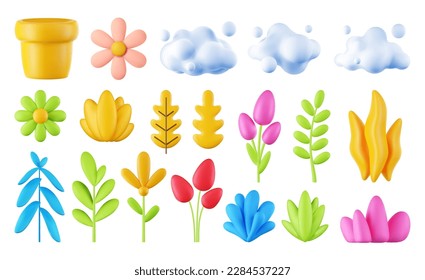 3d render collection of plants and clouds, set of vector flowers on isolated white background, design element, nature icons.