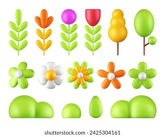 3d render collection of plants and clouds, set of vector flowers on isolated white background, design element, nature icons.